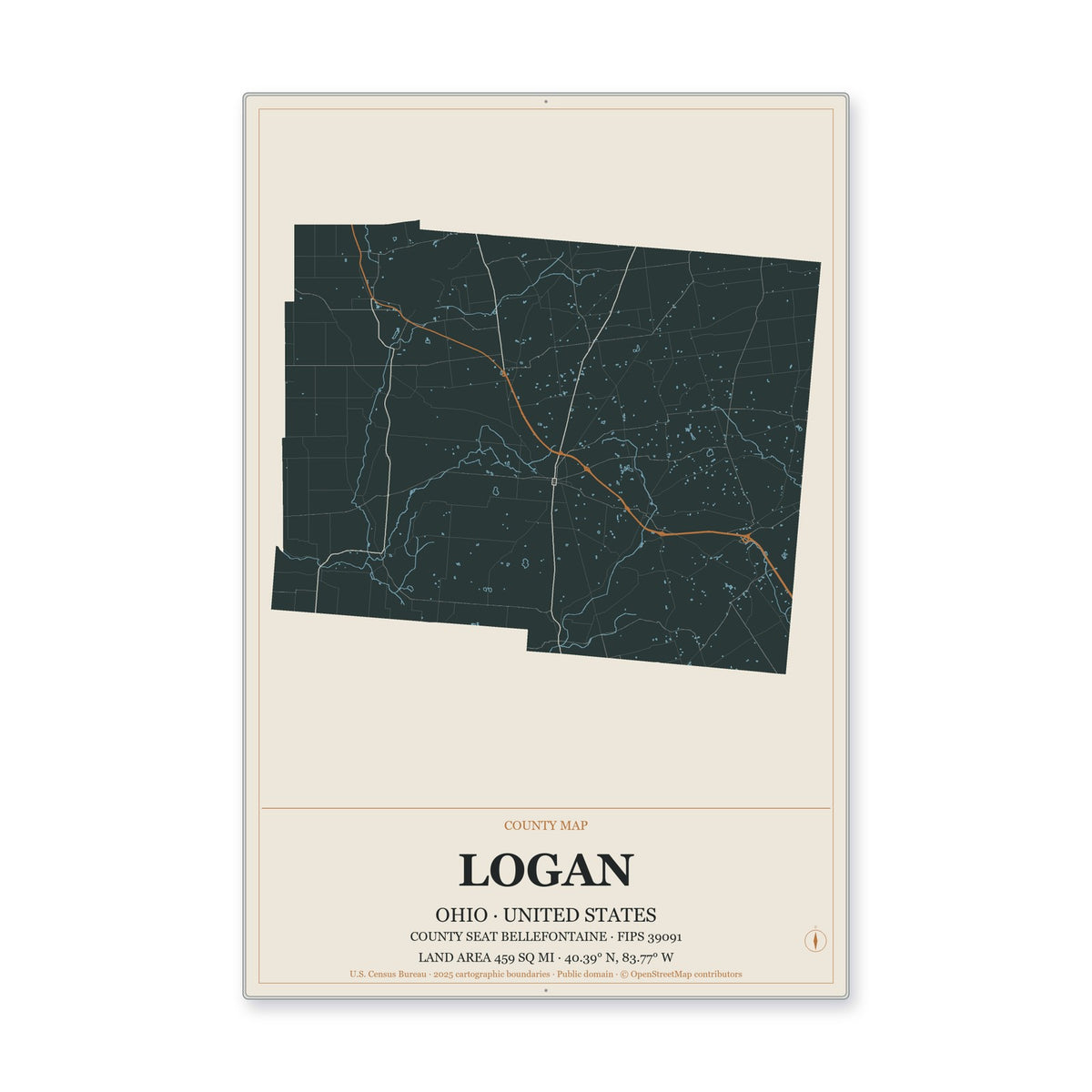 Logan County, Ohio Map Aluminum Sign in Headline Atlas style