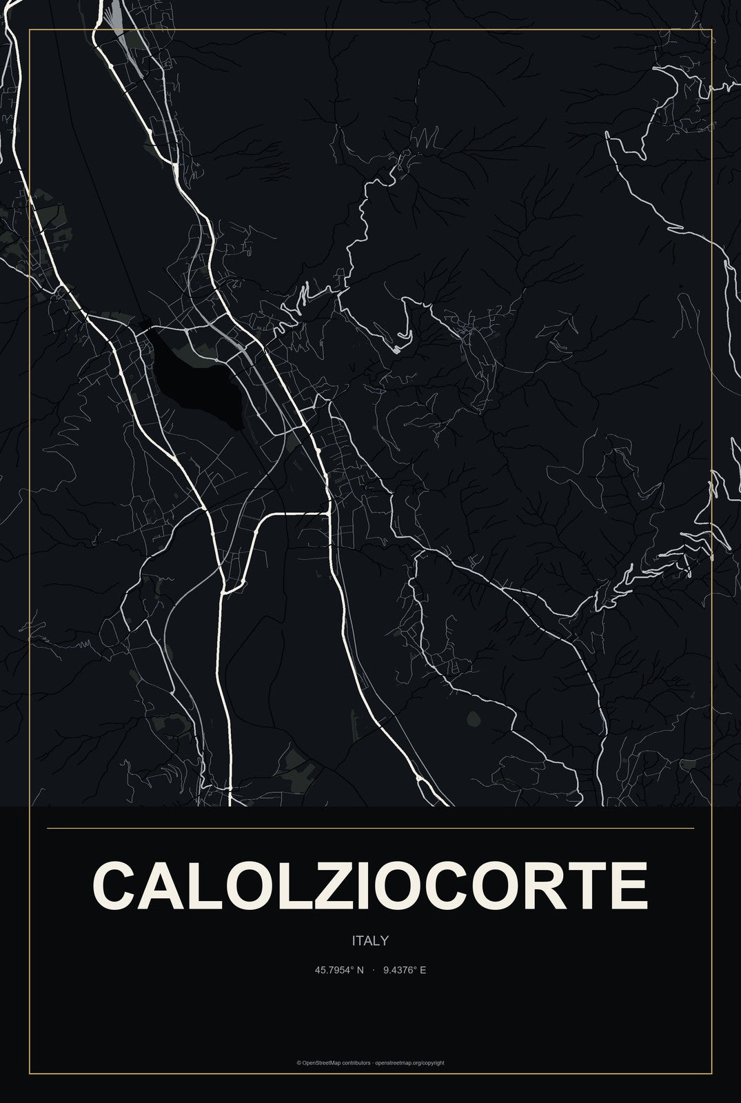 Calolziocorte, Italy City Map Aluminum Sign in Metropolitan Noir style