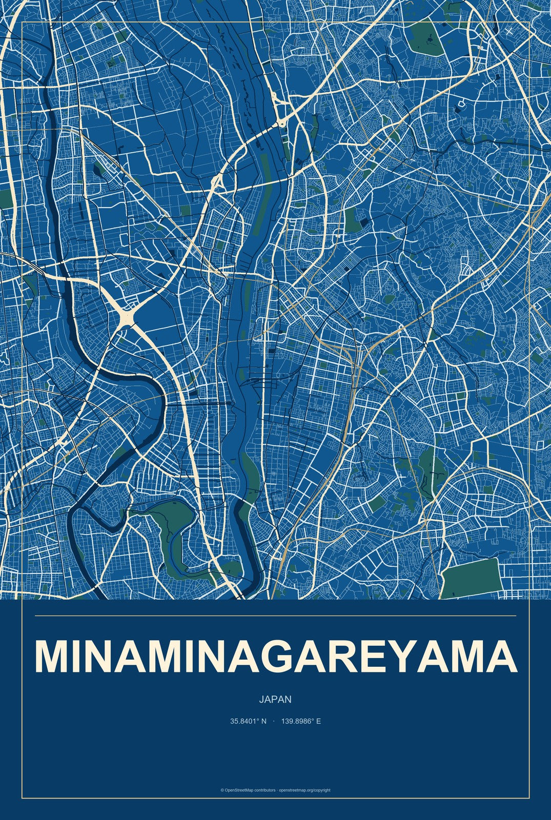 Minaminagareyama, Japan City Map Aluminum Sign in Harbor Cobalt style