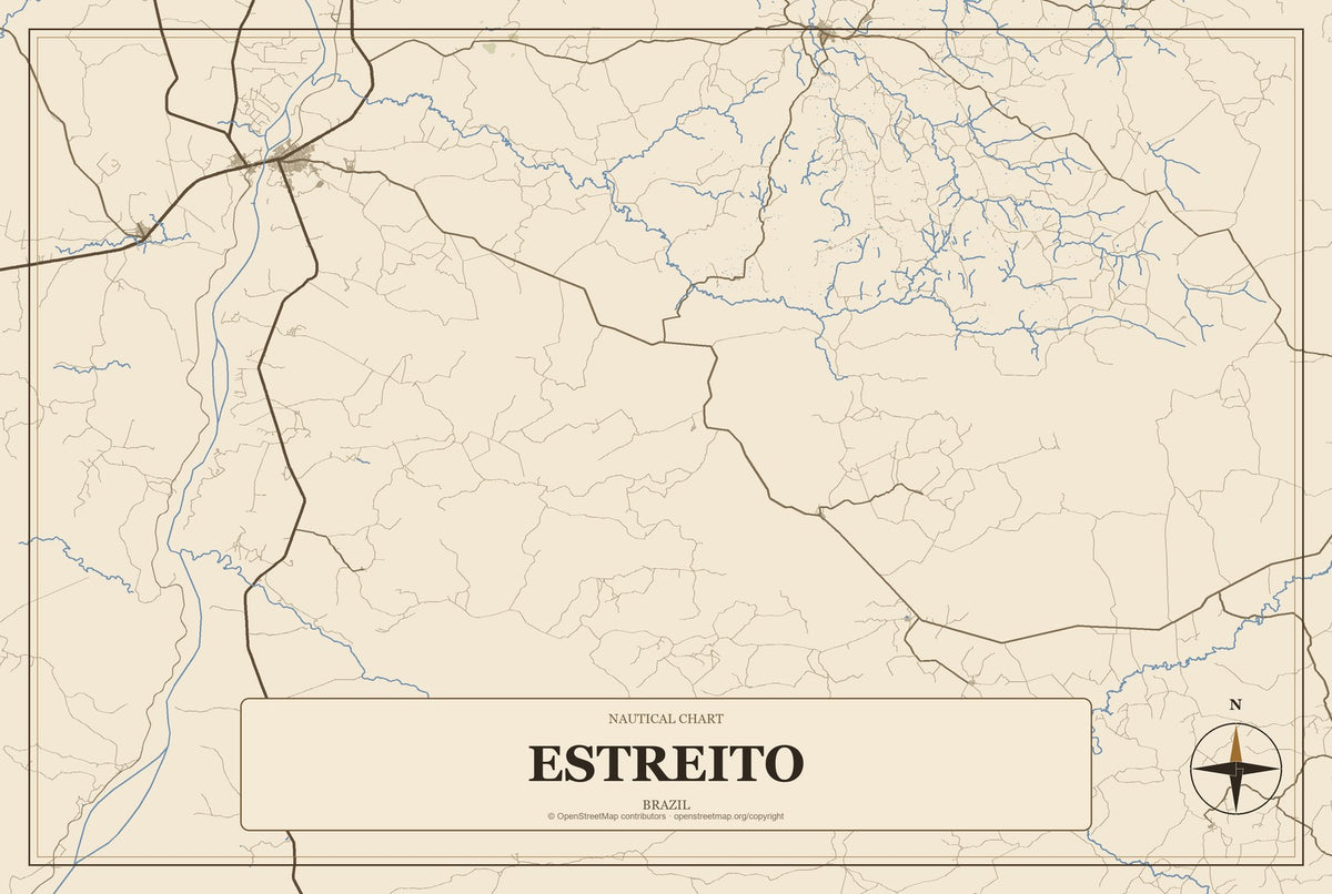 Estreito, Brazil City Map Aluminum Sign in Heritage Nautical style