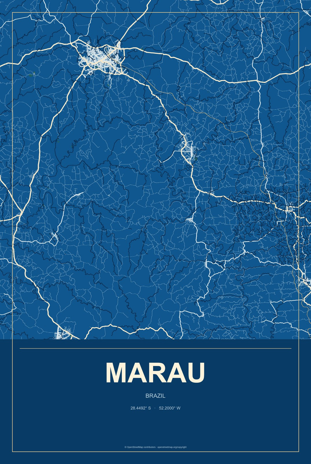 Marau, Brazil City Map Aluminum Sign in Harbor Cobalt style