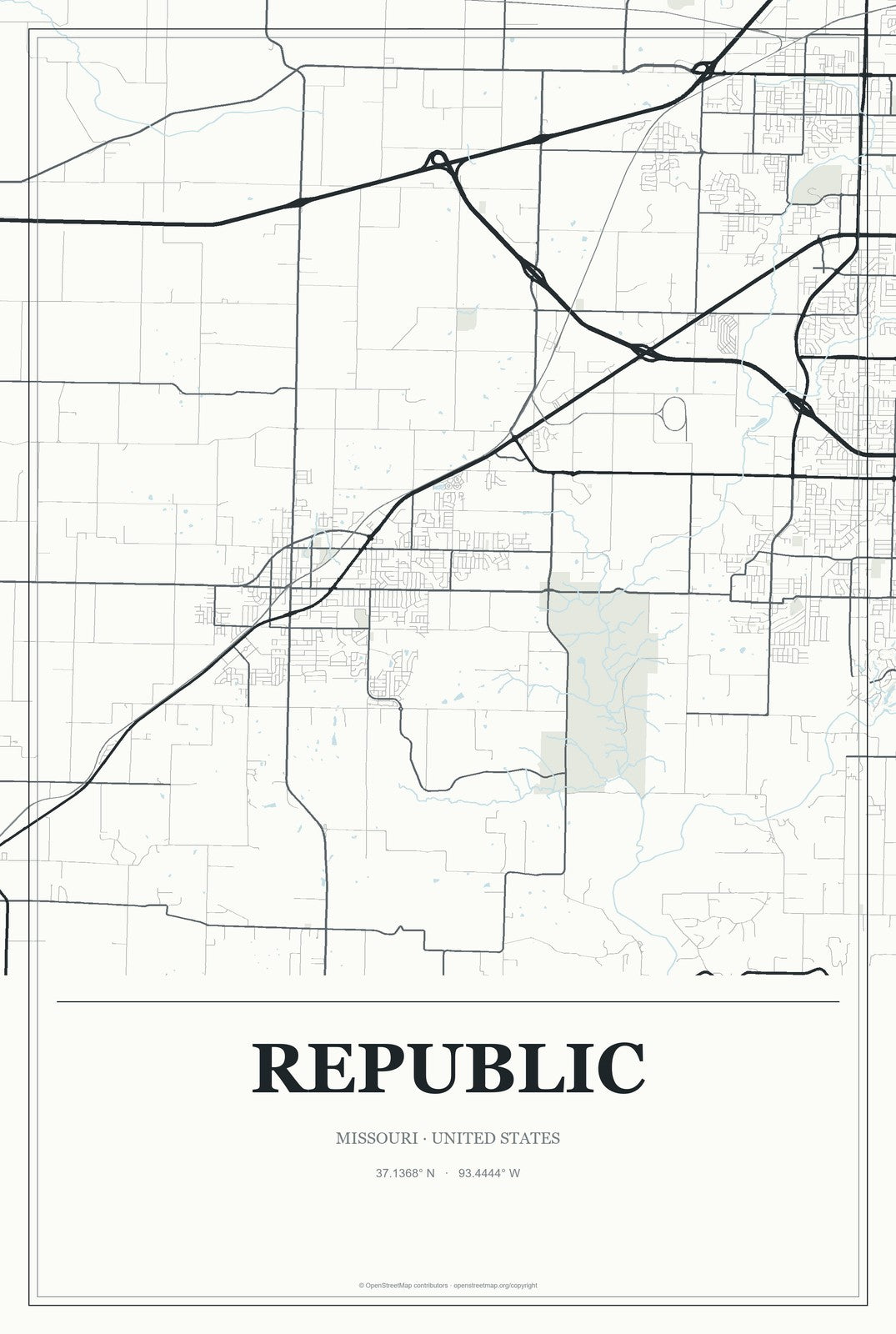 Republic, Missouri City Map Aluminum Sign in Gallery Air style