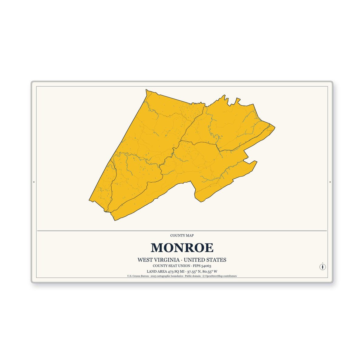 Monroe County, West Virginia Map Aluminum Sign in Citrine Modern style