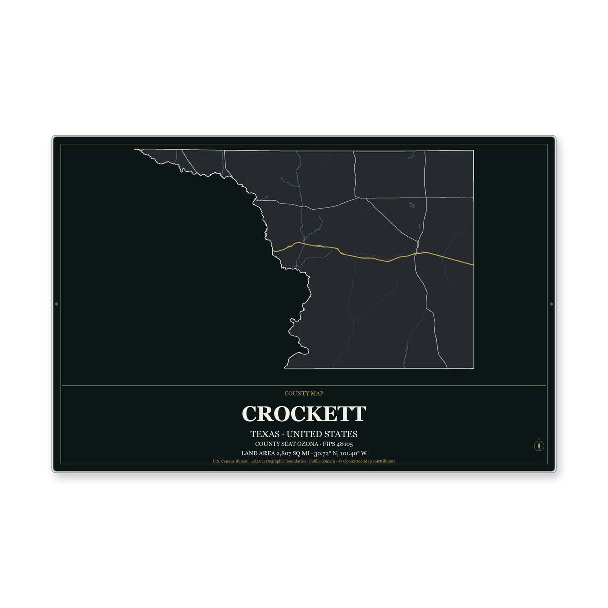 Crockett County, Texas Map Aluminum Sign in Metropolitan Noir style