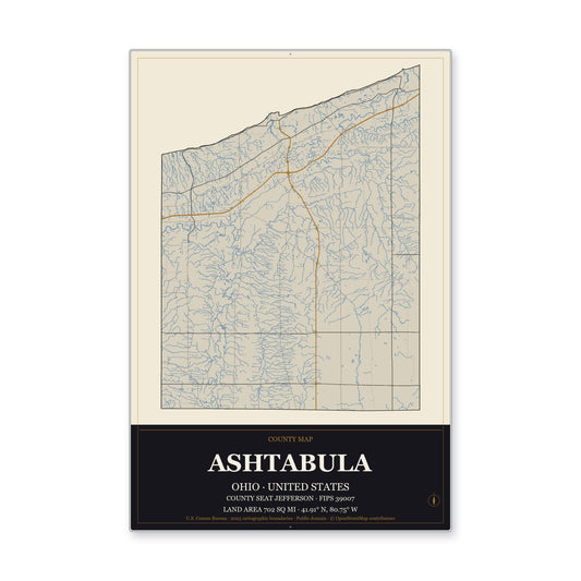 Ashtabula County, Ohio Map Aluminum Sign in Museum Plaque style