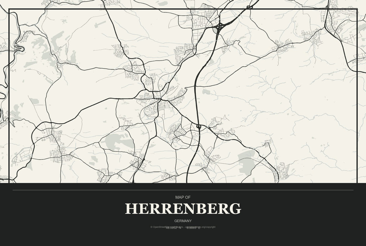Herrenberg, Germany City Map Aluminum Sign in Museum Plaque style