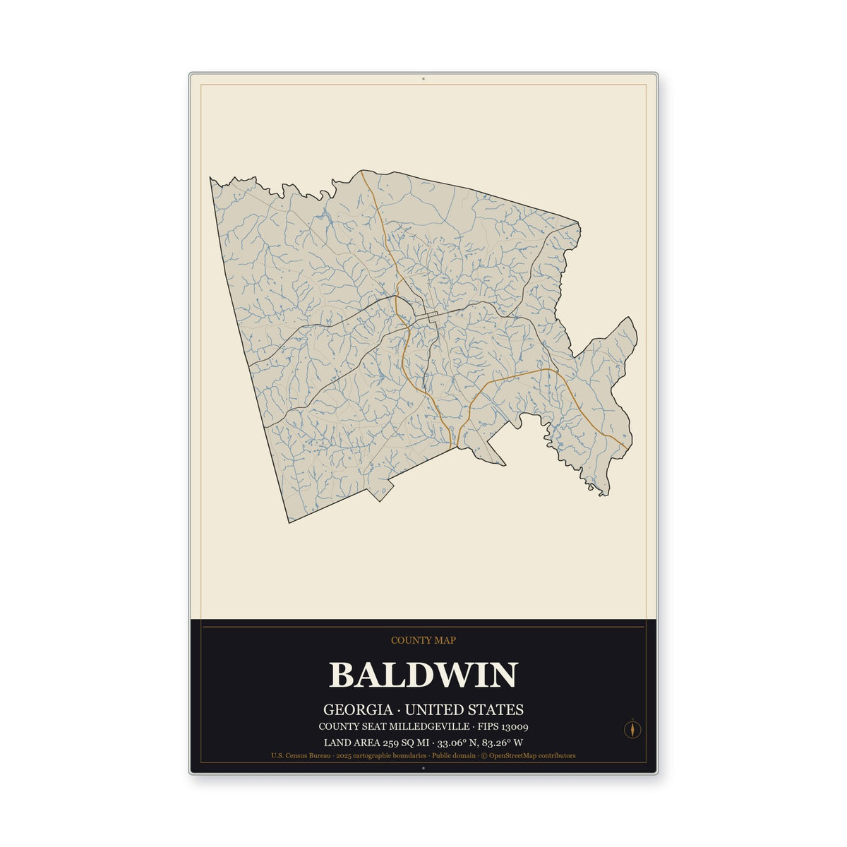 Baldwin County, Georgia Map Aluminum Sign in Museum Plaque style