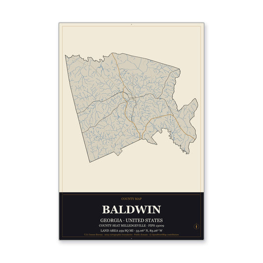 Baldwin County, Georgia Map Aluminum Sign in Museum Plaque style