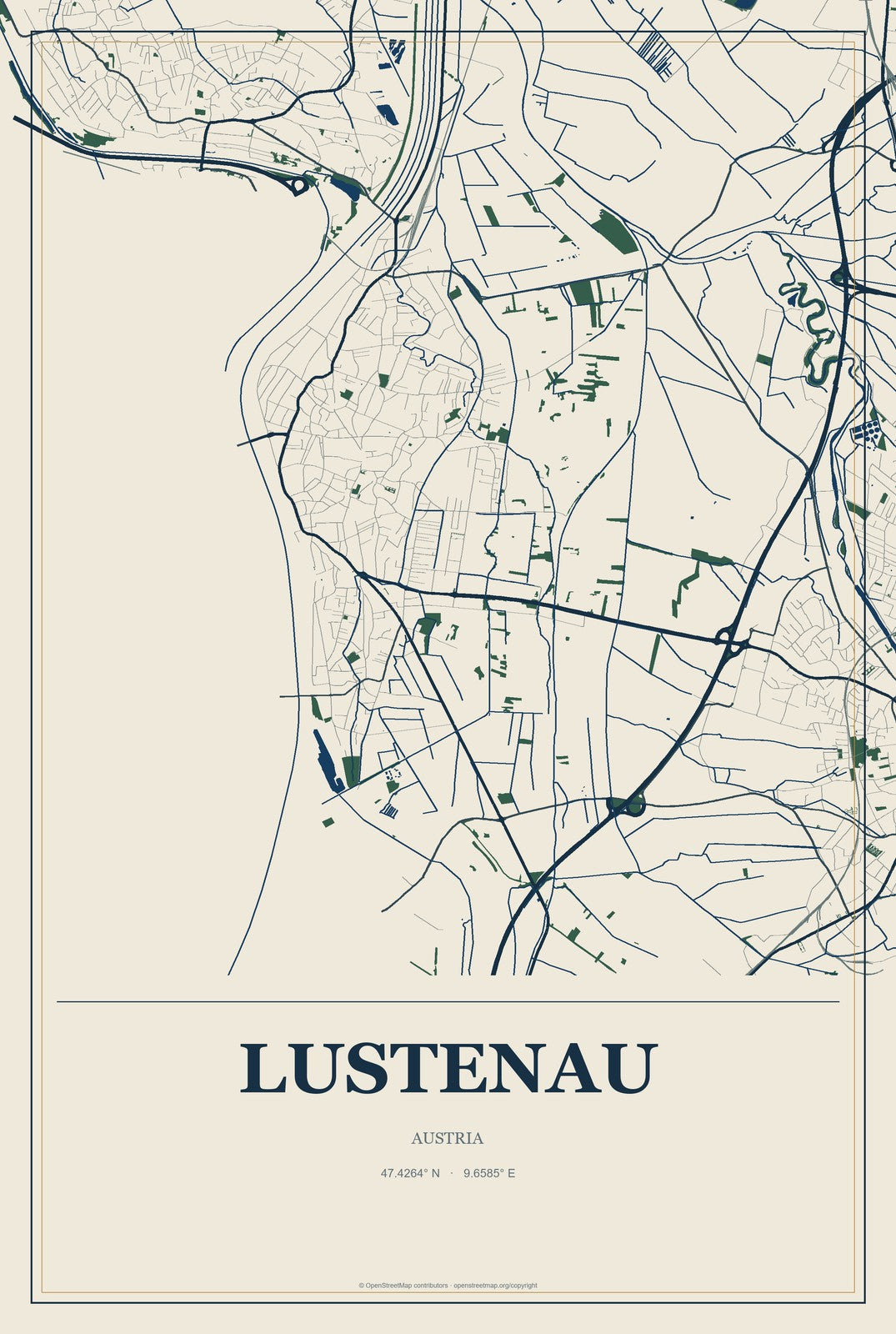 Lustenau, Austria City Map Aluminum Sign in Coastal Cutout style