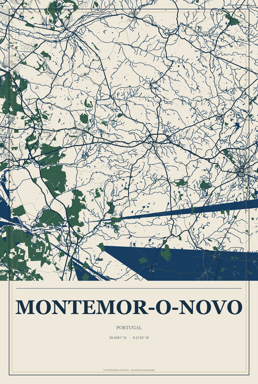 Montemor-o-Novo, Portugal City Map Aluminum Sign in Coastal Cutout style