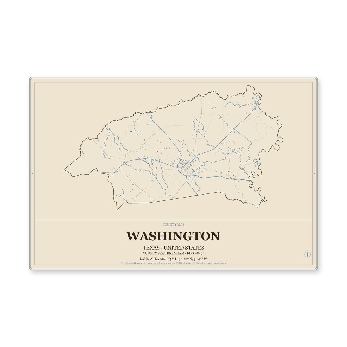 Washington County, Texas Map Aluminum Sign in Heritage Nautical style