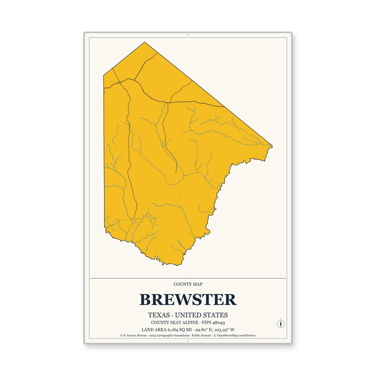 Brewster County, Texas Map Aluminum Sign in Citrine Modern style