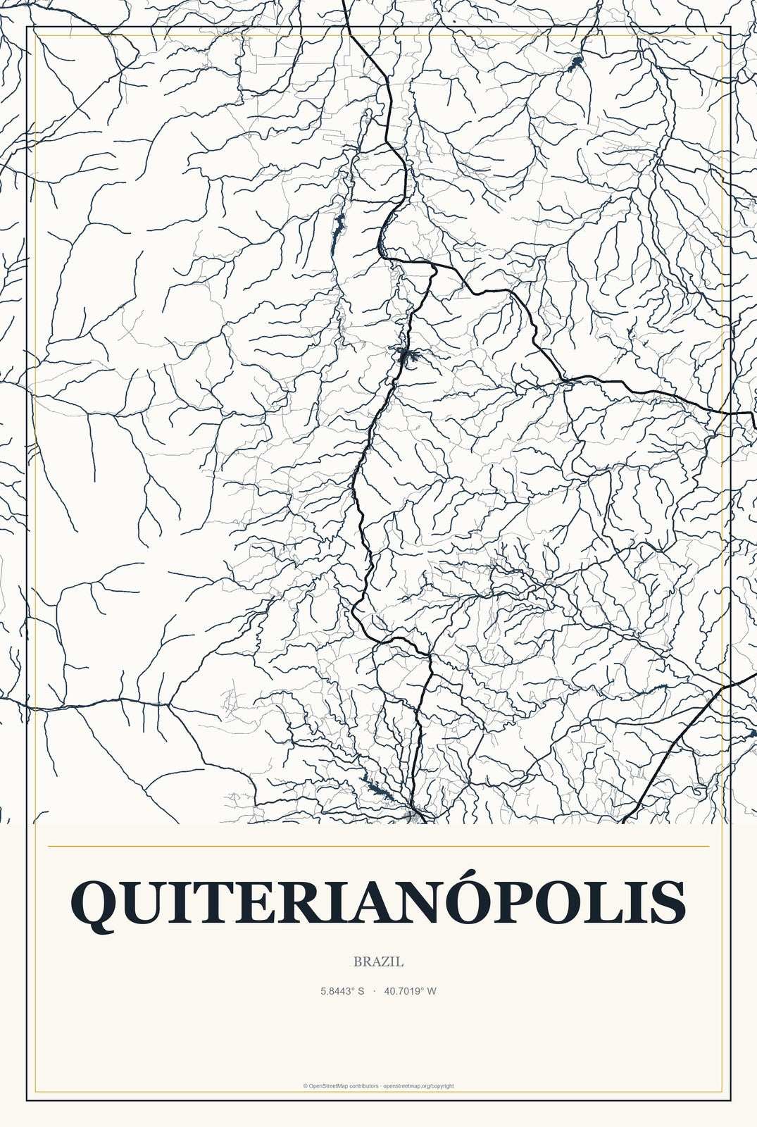 Quiterianópolis, Brazil City Map Aluminum Sign in Citrine Modern style