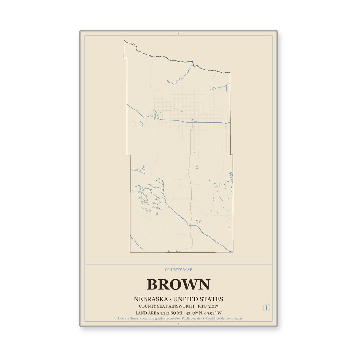 Brown County, Nebraska Map Aluminum Sign in Heritage Nautical style