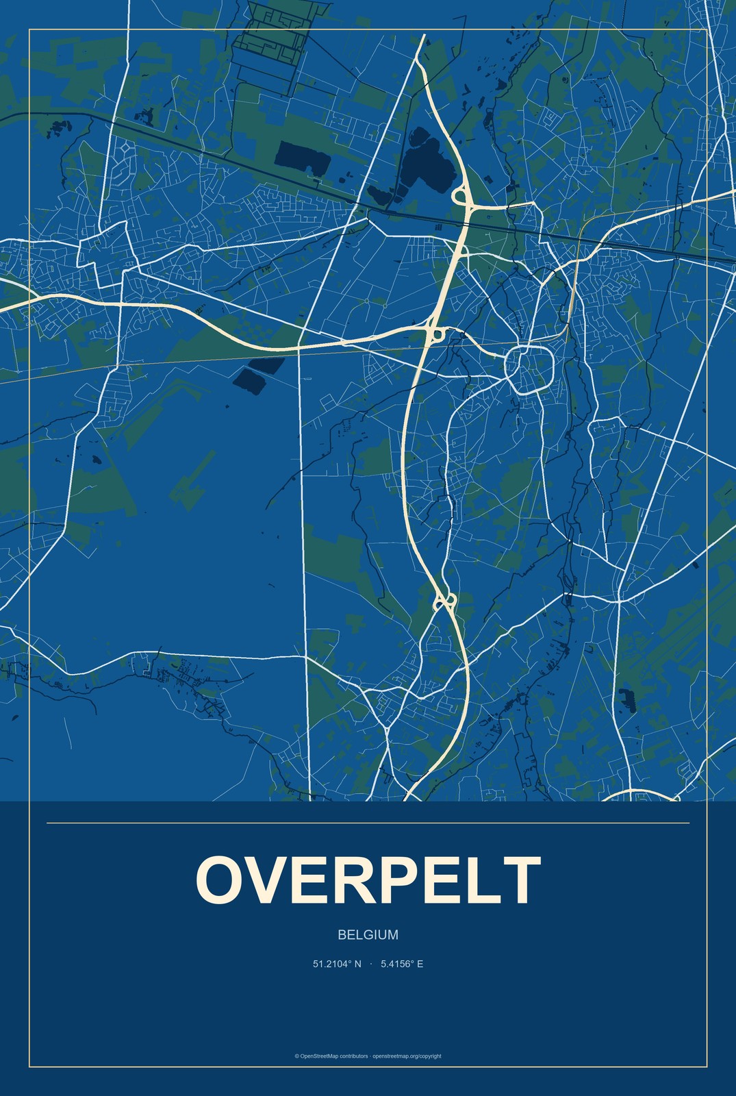 Overpelt, Belgium City Map Aluminum Sign in Harbor Cobalt style