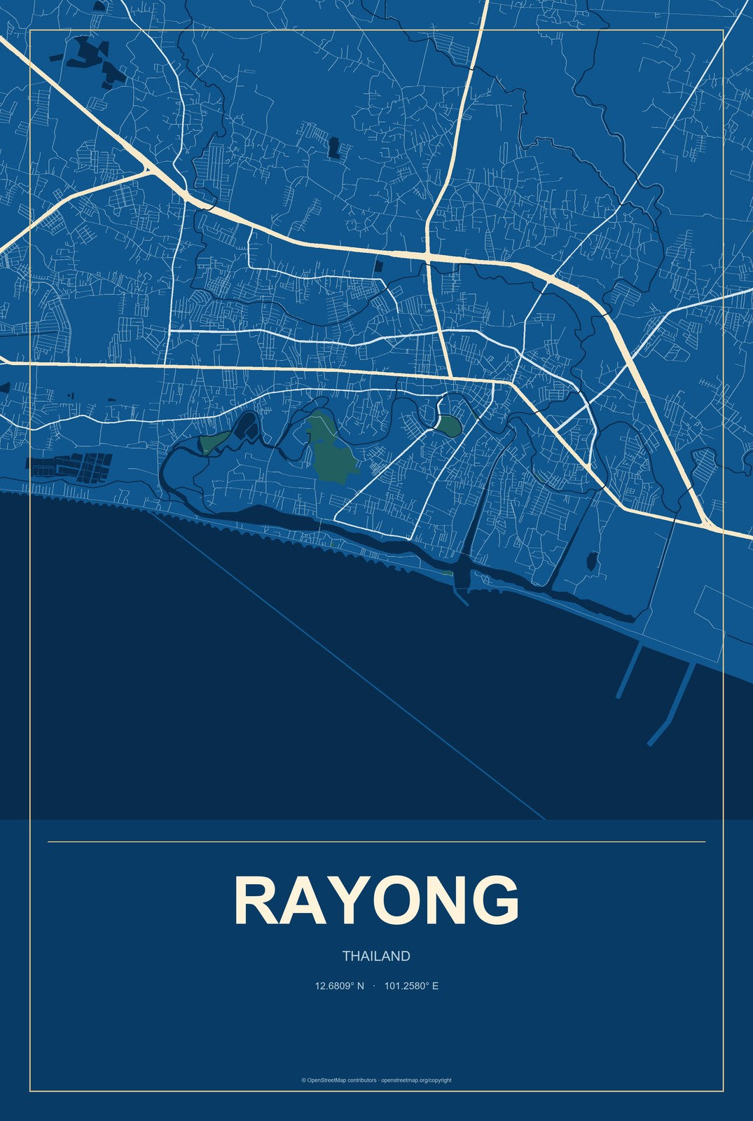 Rayong, Thailand City Map Aluminum Sign in Harbor Cobalt style