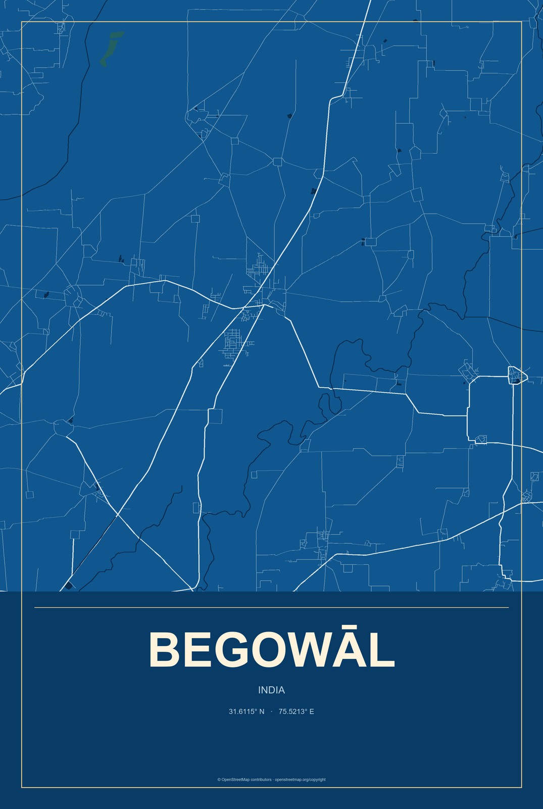 Begowāl, India City Map Aluminum Sign in Harbor Cobalt style