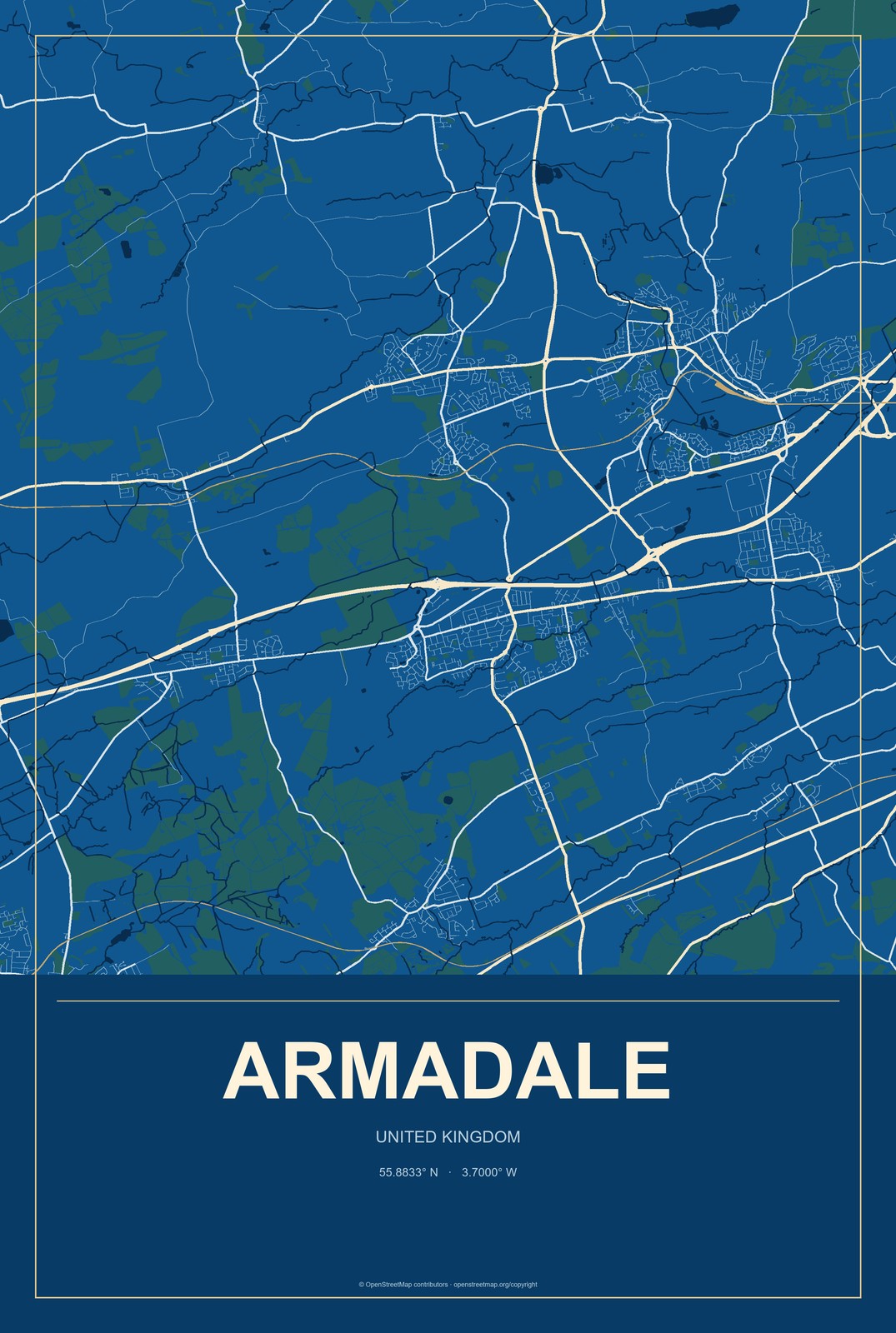 Armadale, United Kingdom City Map Aluminum Sign in Harbor Cobalt style