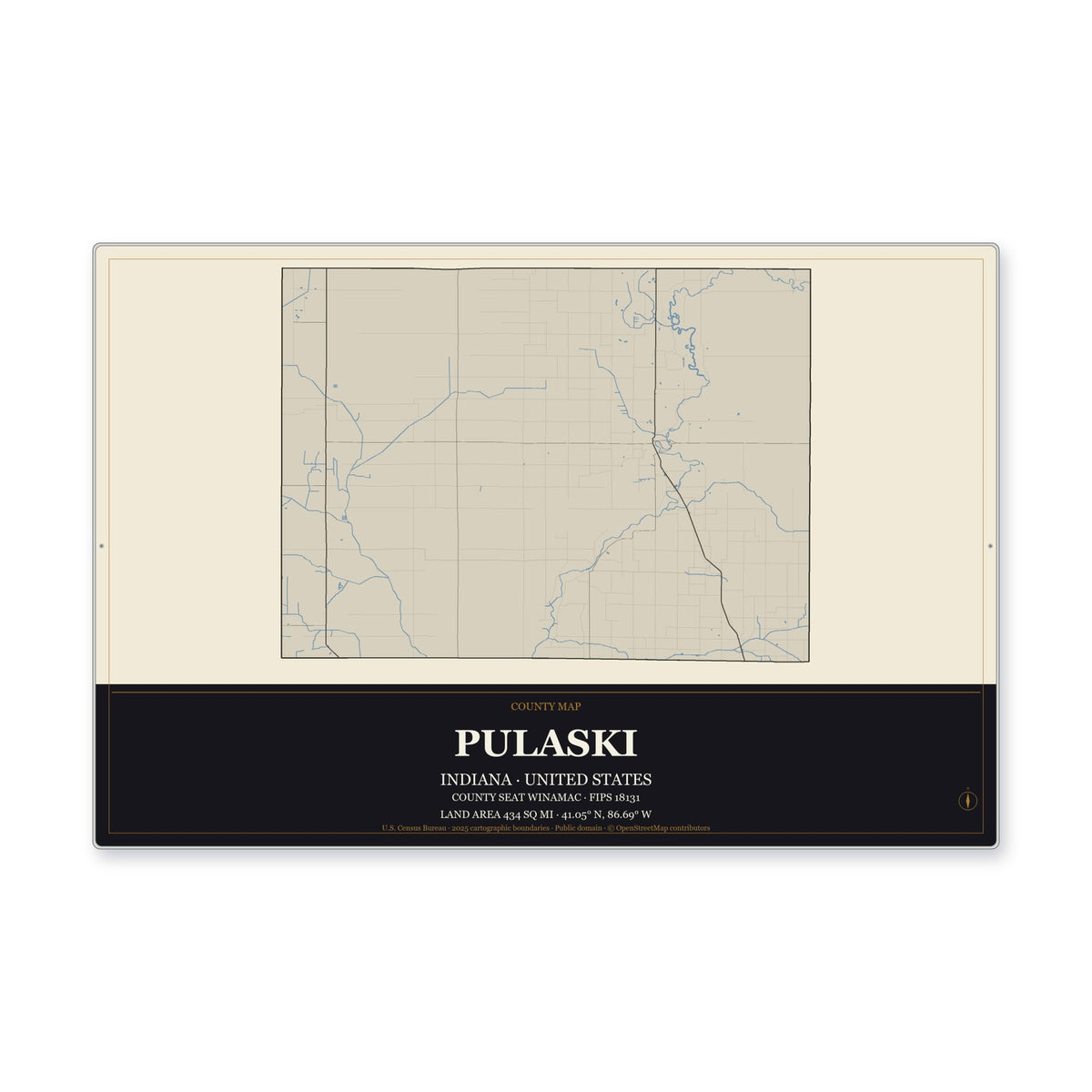 Pulaski County, Indiana Map Aluminum Sign in Museum Plaque style