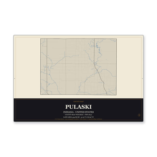 Pulaski County, Indiana Map Aluminum Sign in Museum Plaque style