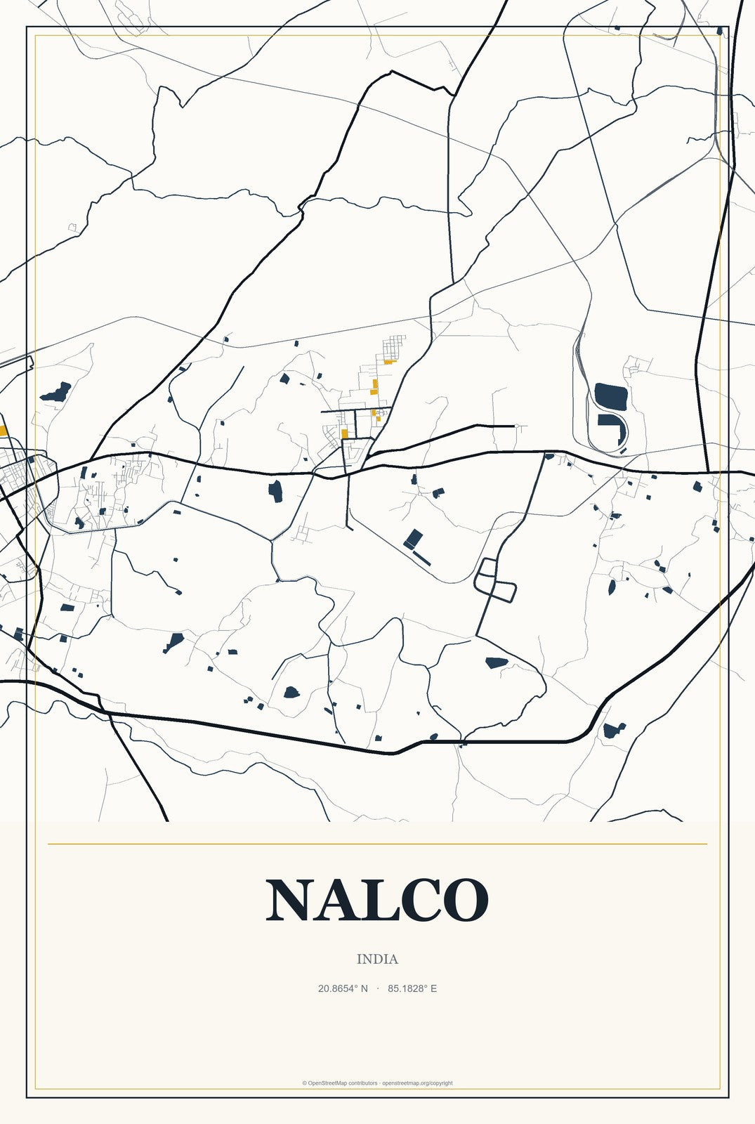 Nalco, India City Map Aluminum Sign in Citrine Modern style