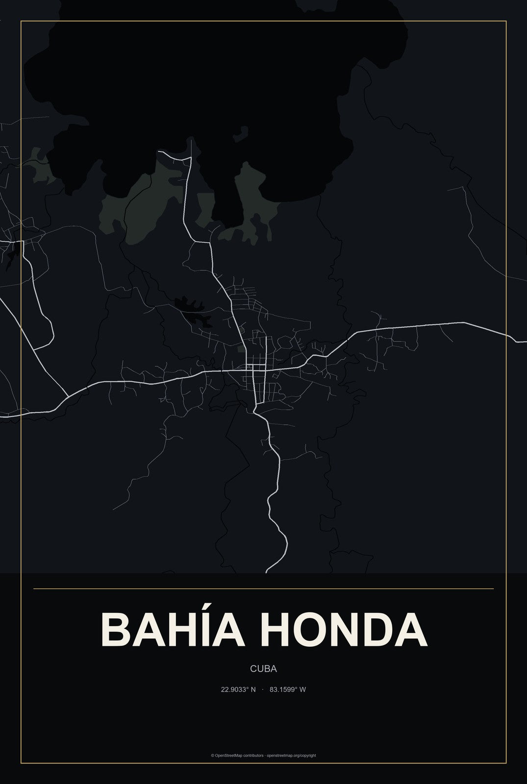 Bahía Honda, Cuba City Map Aluminum Sign in Metropolitan Noir style