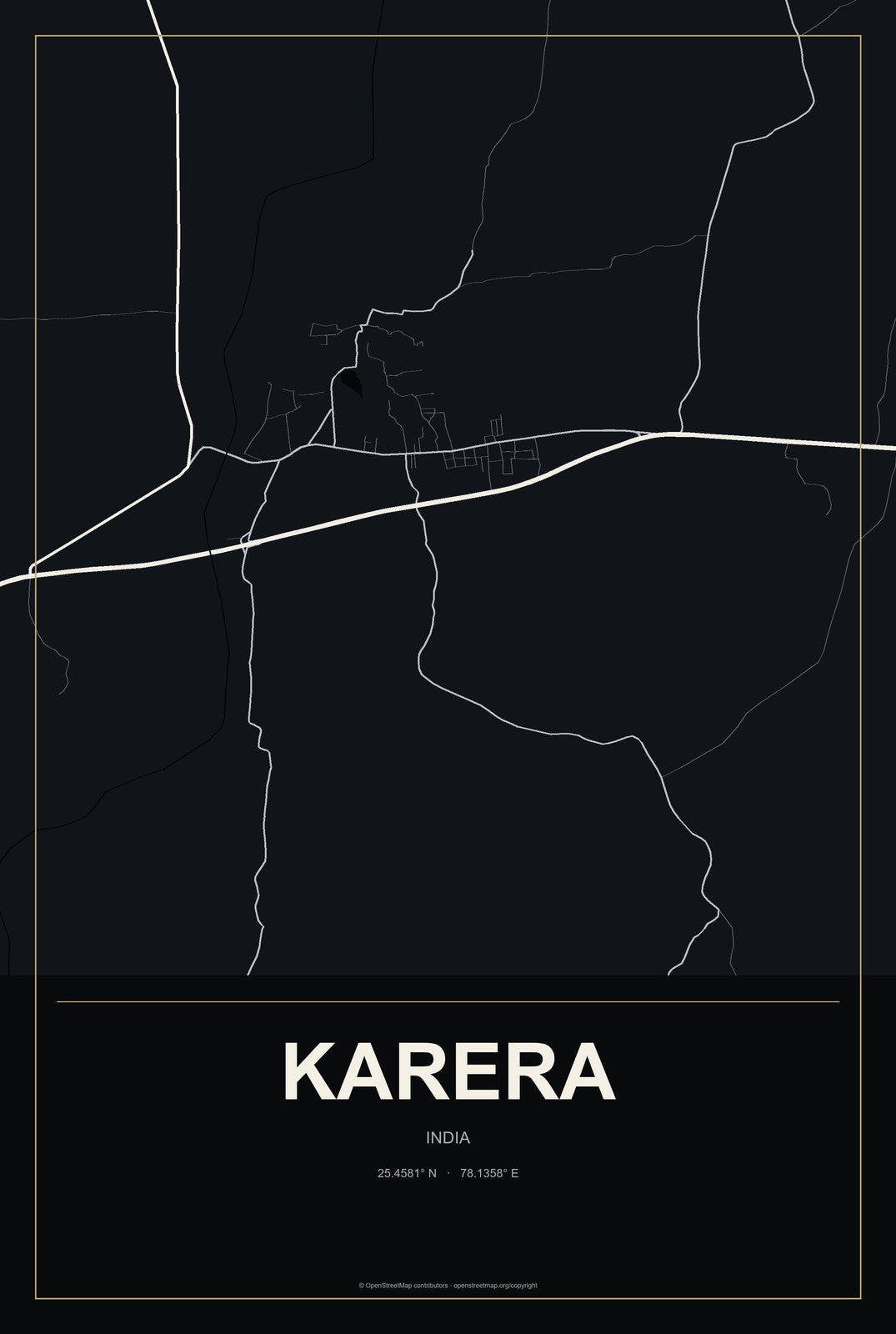 Karera, India City Map Aluminum Sign in Metropolitan Noir style