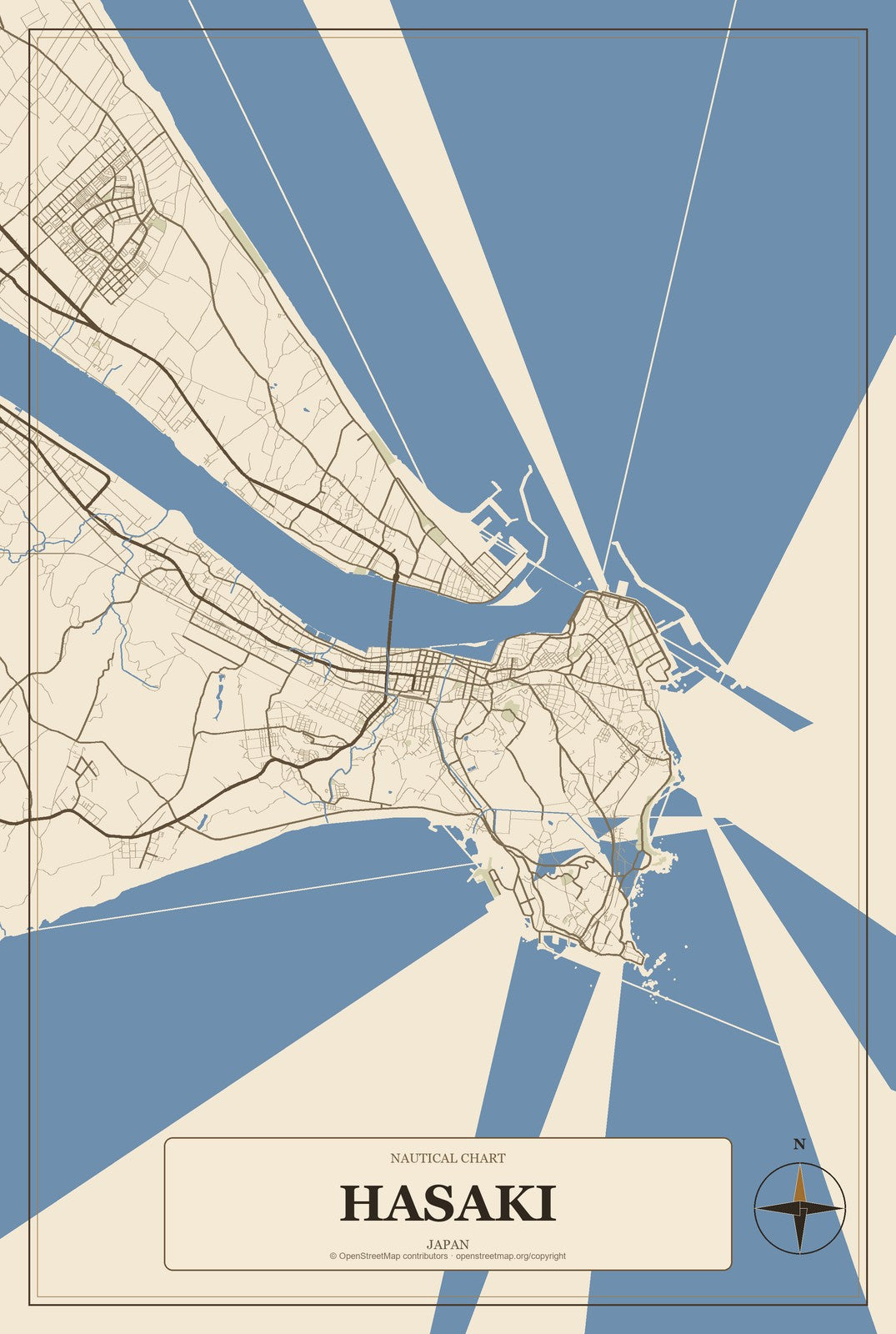 Hasaki, Japan City Map Aluminum Sign in Heritage Nautical style