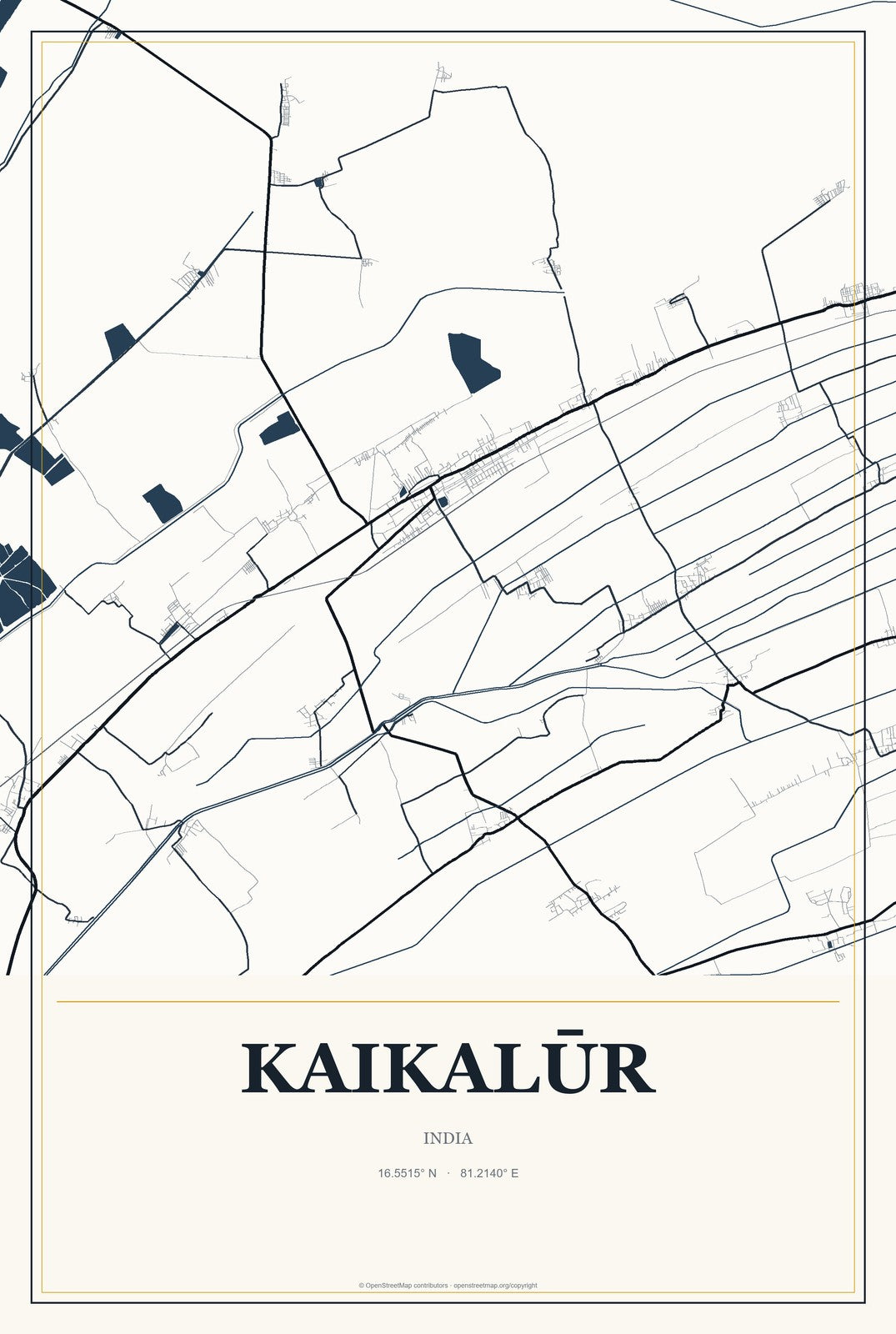 Kaikalūr, India City Map Aluminum Sign in Citrine Modern style