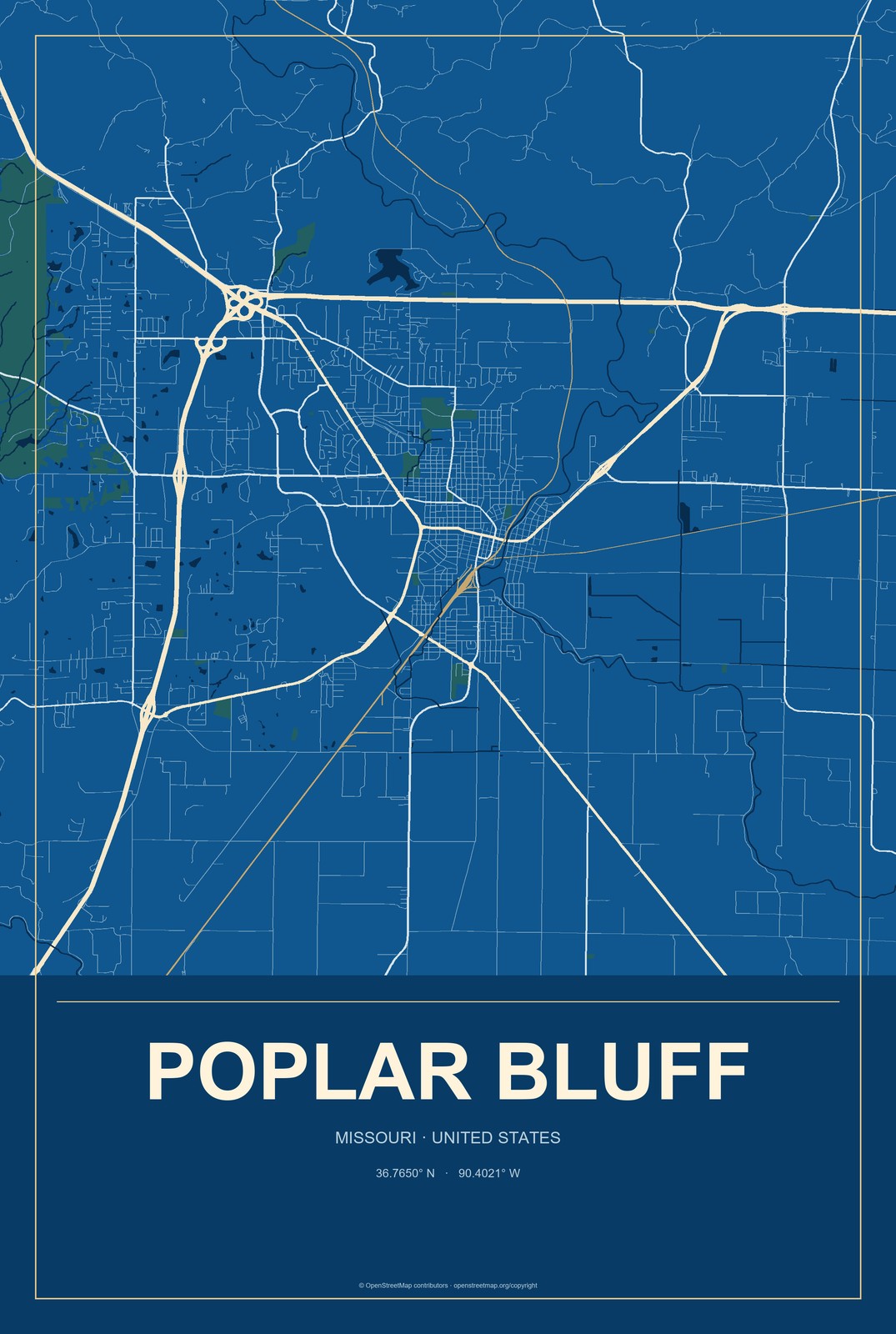 Poplar Bluff, Missouri City Map Aluminum Sign in Harbor Cobalt style