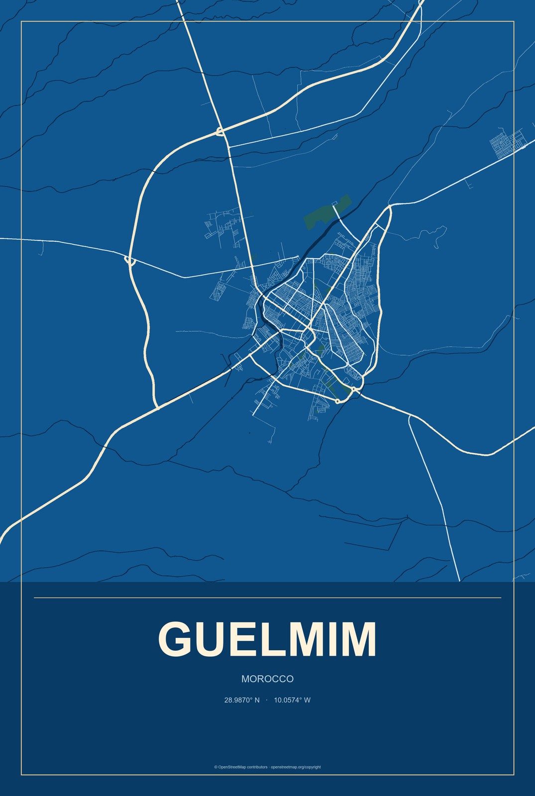 Guelmim, Morocco City Map Aluminum Sign in Harbor Cobalt style
