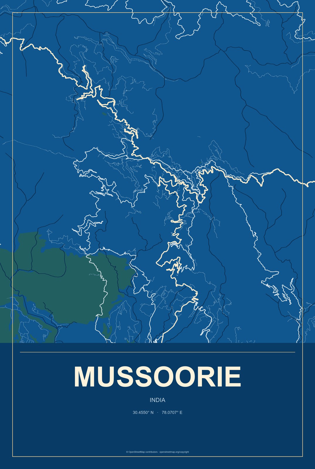 Mussoorie, India City Map Aluminum Sign in Harbor Cobalt style