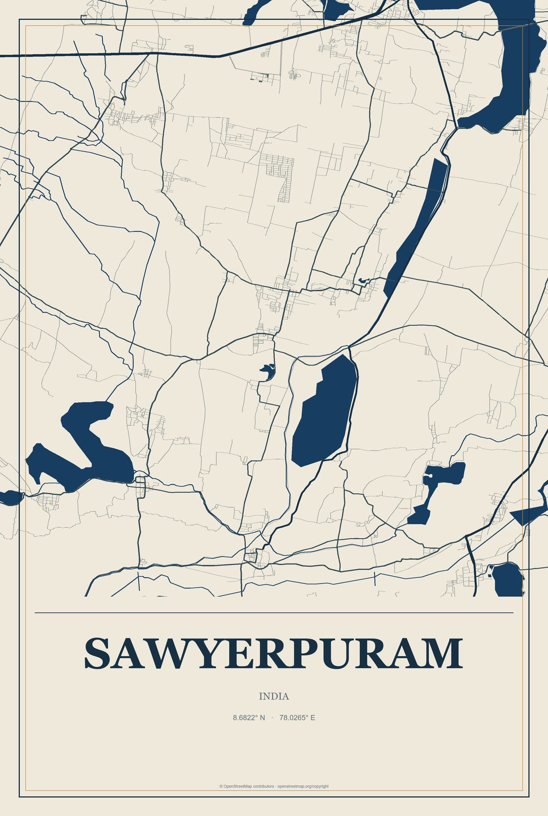 Sawyerpuram, India City Map Aluminum Sign in Coastal Cutout style