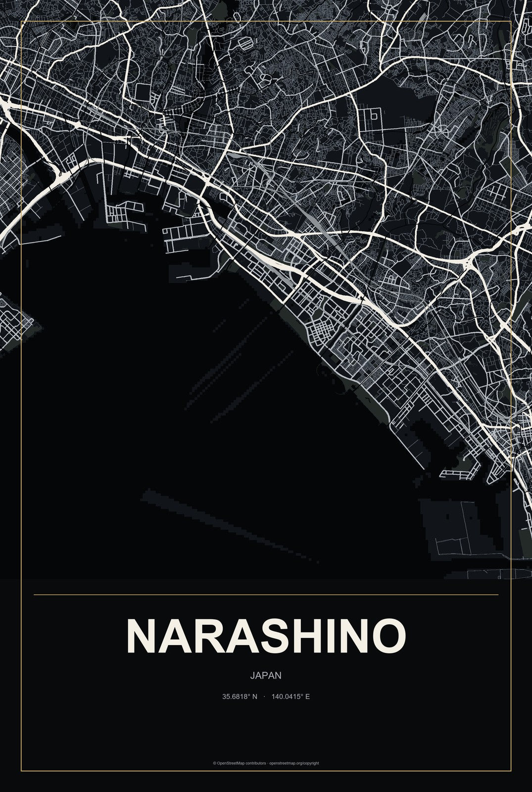 Narashino, Japan City Map Aluminum Sign in Metropolitan Noir style