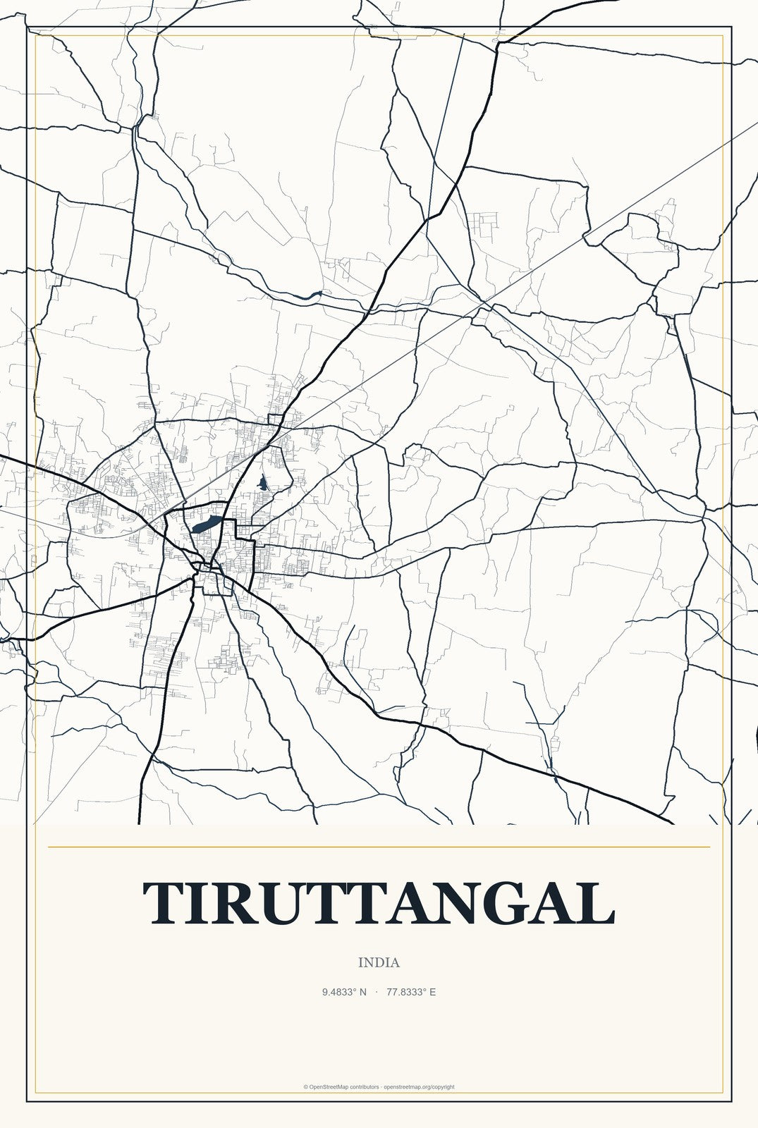 Tiruttangal, India City Map Aluminum Sign in Citrine Modern style