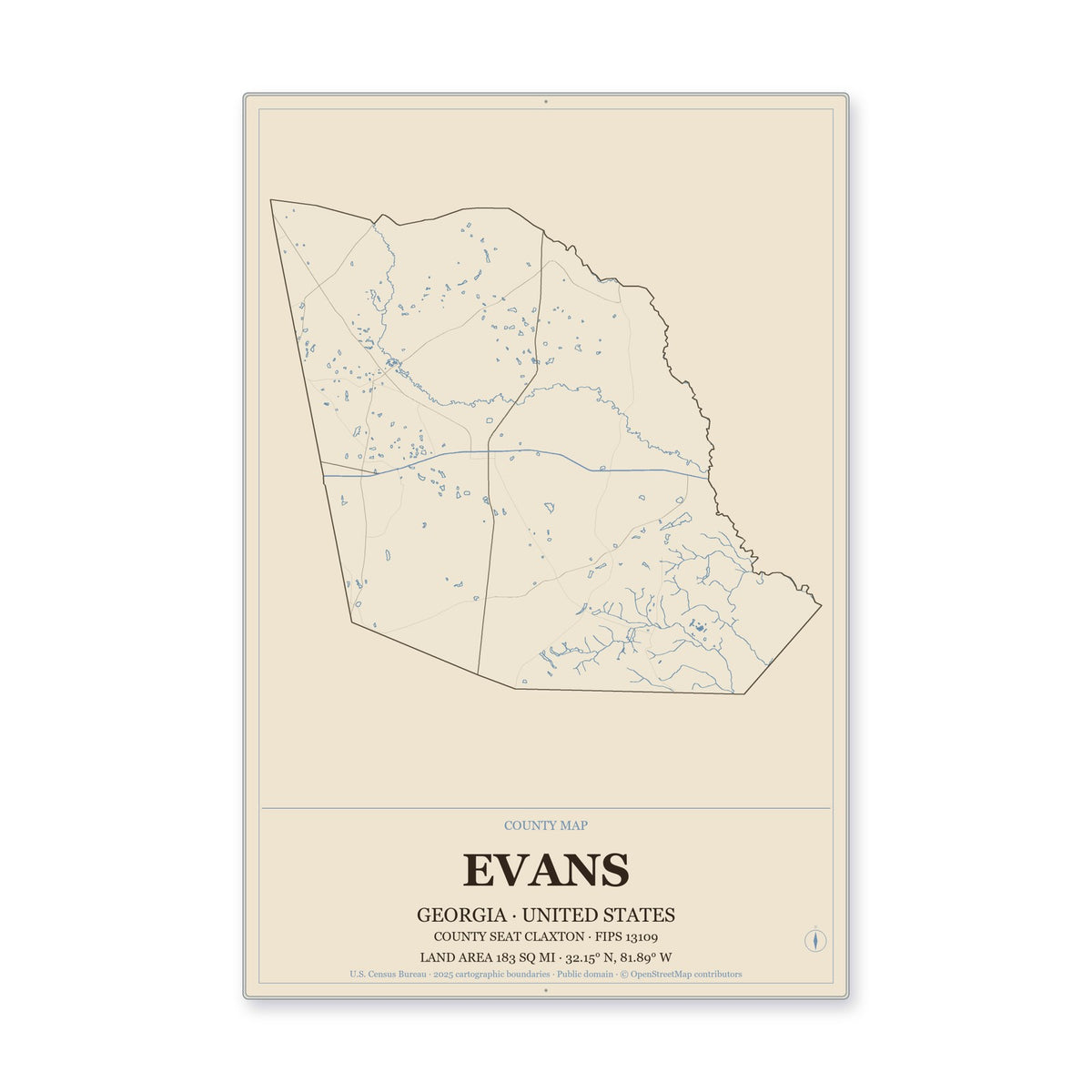 Evans County, Georgia Map Aluminum Sign in Heritage Nautical style