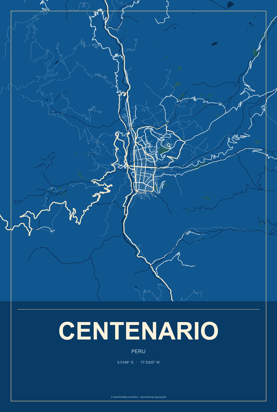Centenario, Peru City Map Aluminum Sign in Harbor Cobalt style
