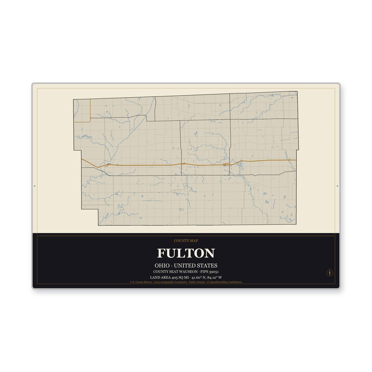 Fulton County, Ohio Map Aluminum Sign in Museum Plaque style