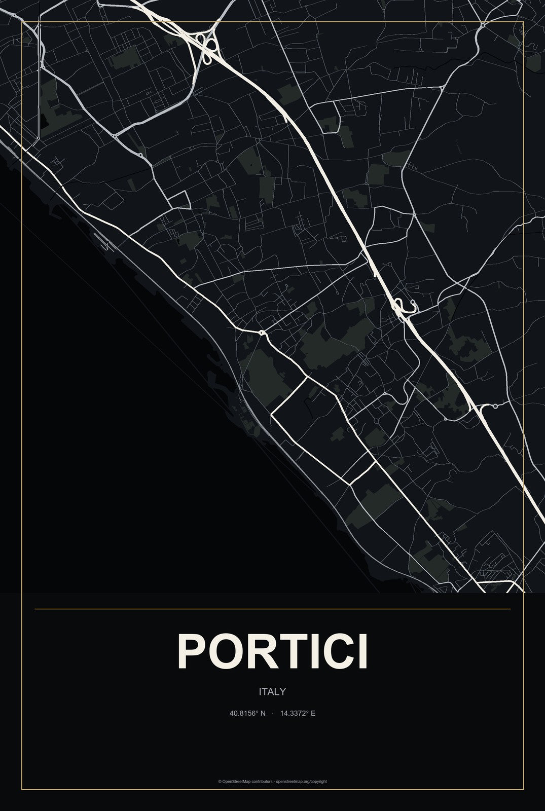 Portici, Italy City Map Aluminum Sign in Metropolitan Noir style