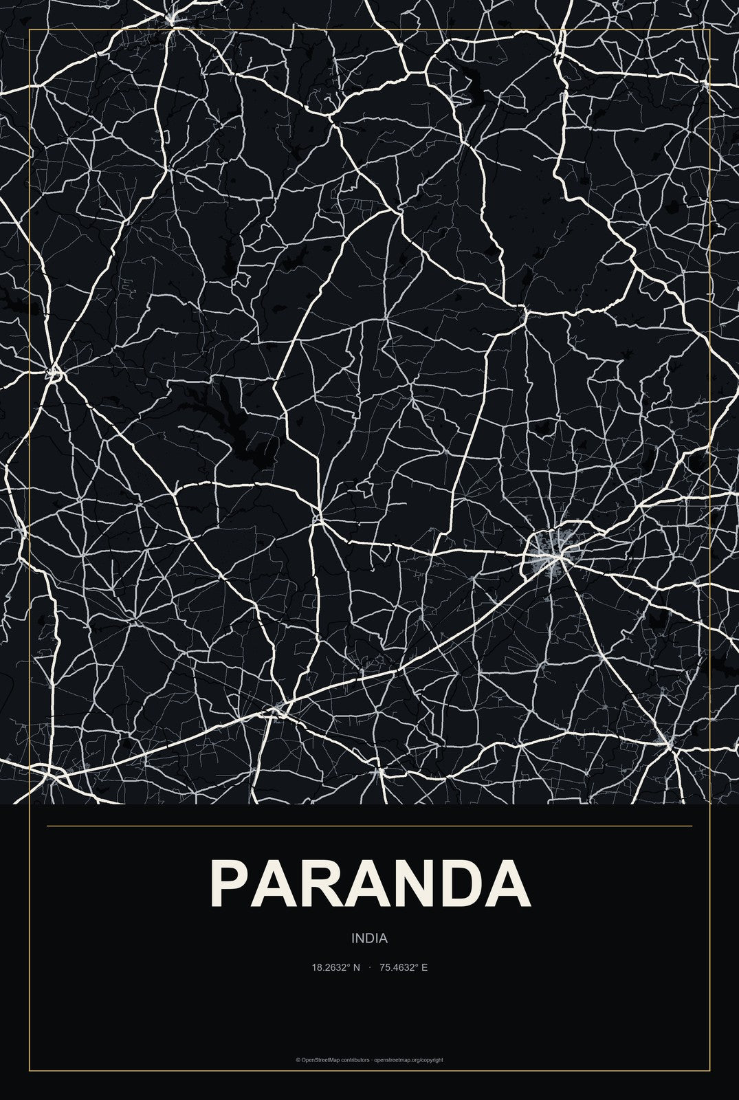 Paranda, India City Map Aluminum Sign in Metropolitan Noir style