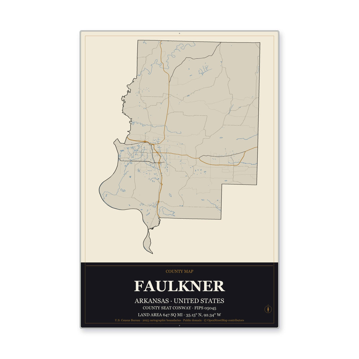 Faulkner County, Arkansas Map Aluminum Sign in Museum Plaque style