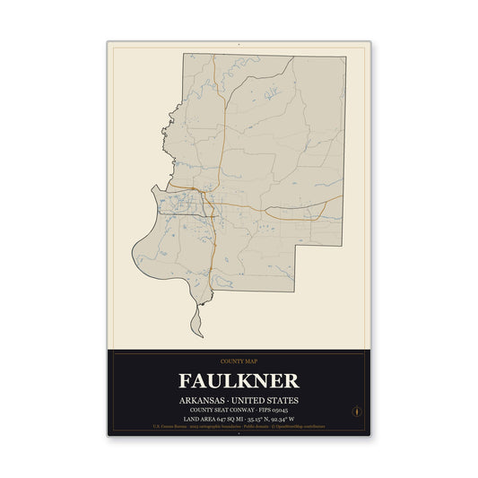 Faulkner County, Arkansas Map Aluminum Sign in Museum Plaque style