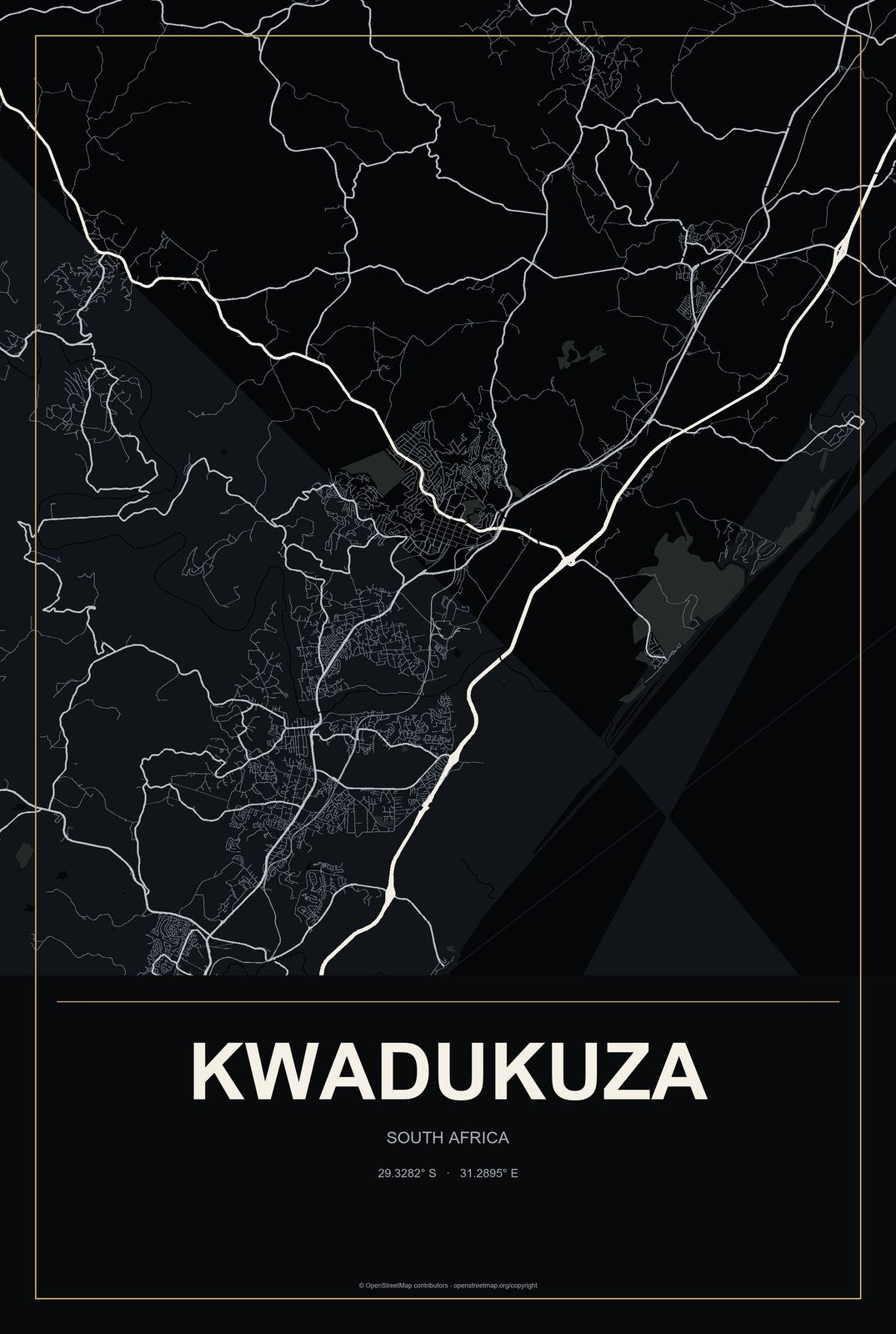 KwaDukuza, South Africa City Map Aluminum Sign in Metropolitan Noir style