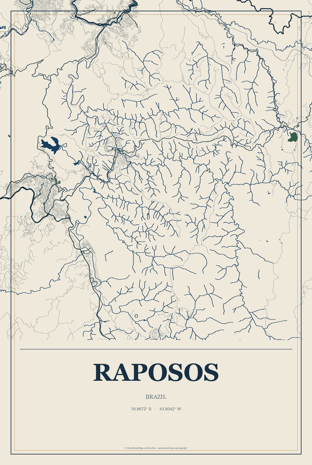 Raposos, Brazil City Map Aluminum Sign in Coastal Cutout style