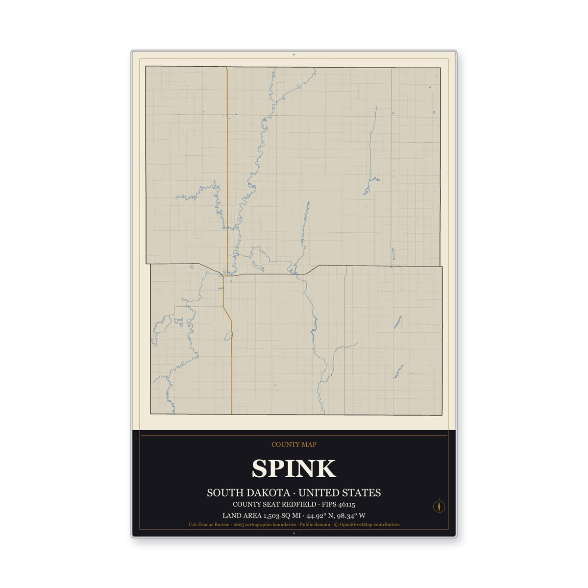 Spink County, South Dakota Map Aluminum Sign in Museum Plaque style