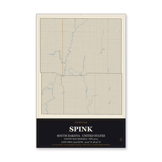 Spink County, South Dakota Map Aluminum Sign in Museum Plaque style