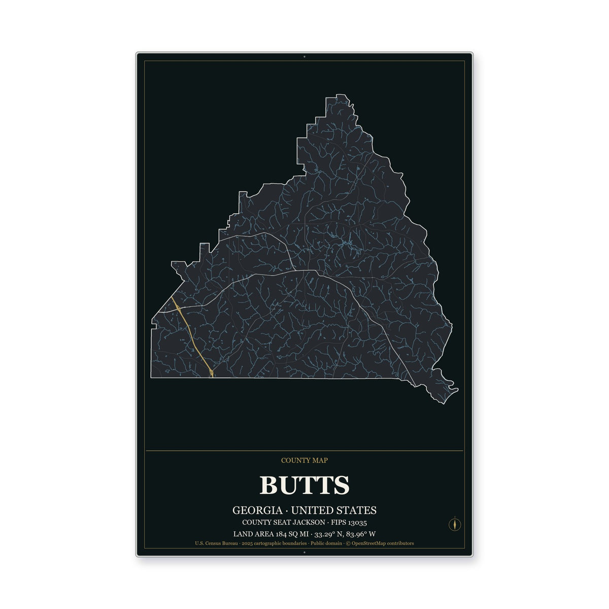 Butts County, Georgia Map Aluminum Sign in Metropolitan Noir style