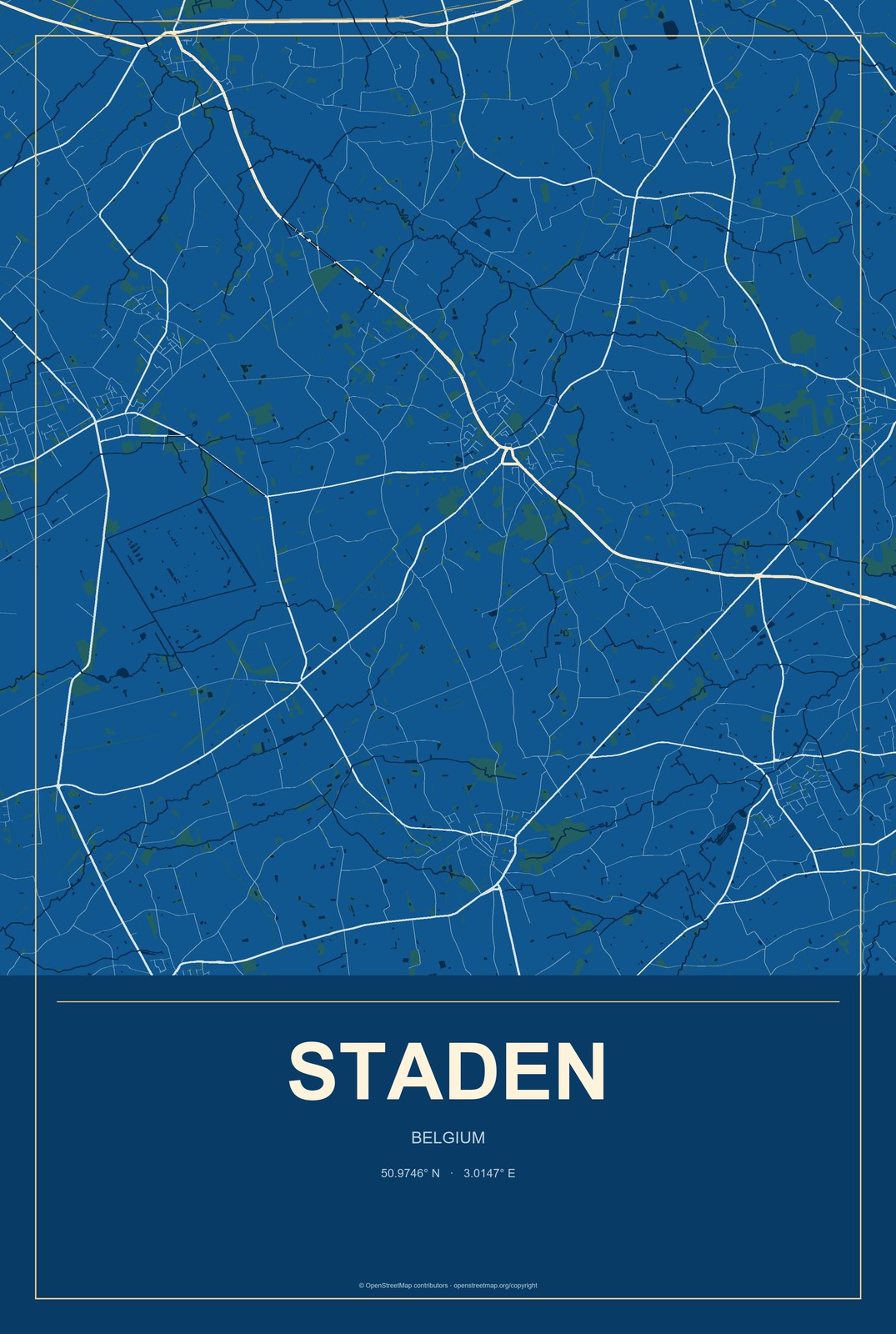 Staden, Belgium City Map Aluminum Sign in Harbor Cobalt style