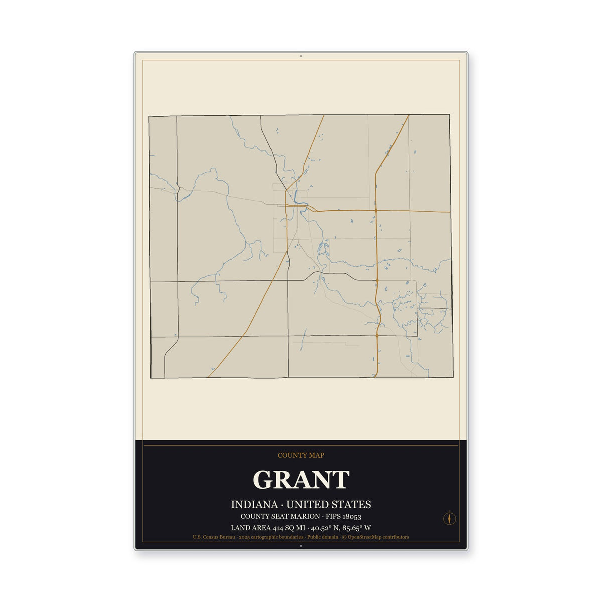 Grant County, Indiana Map Aluminum Sign in Museum Plaque style