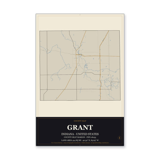 Grant County, Indiana Map Aluminum Sign in Museum Plaque style